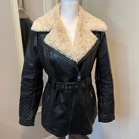 Guess Jackets & Blazers - Guess Los Angeles Black Faux Leather jacket with cream faux fur, Size Small
